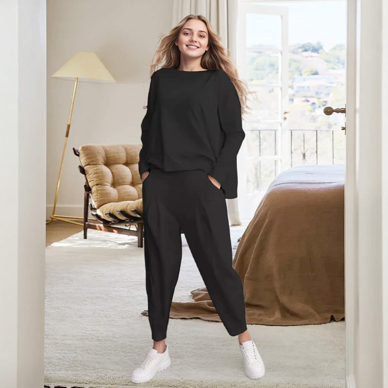 ✨️Conjunto de 2 peças: blusa de manga comprida e calças de gola redonda