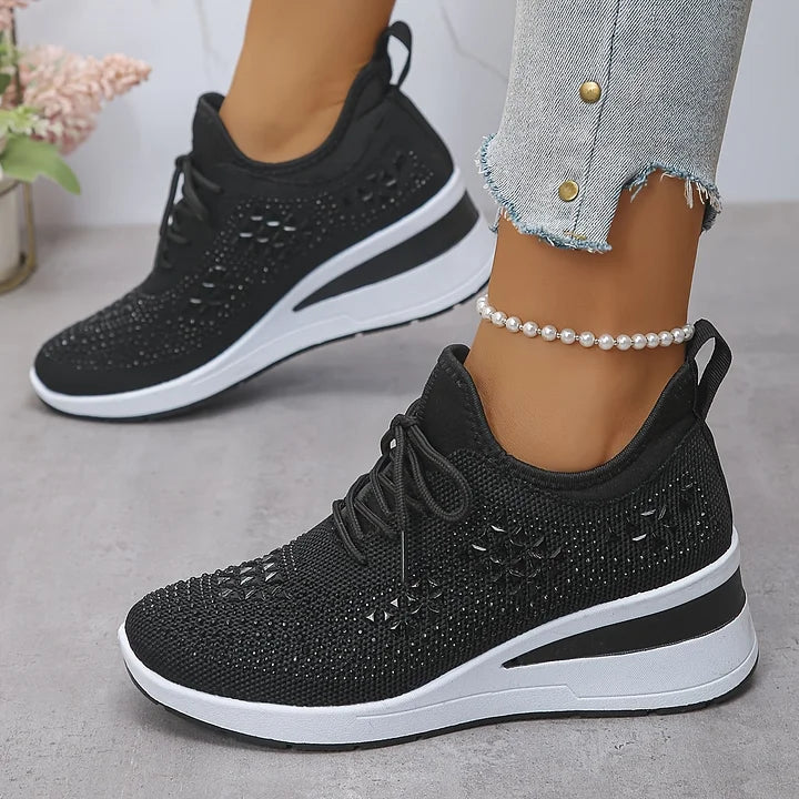🔥🔥Último dia da promoção, aproveite 49 % de desconto🔥 Sapatilhas ortopédicas respiráveis para mulher, estilo casual e moderno, decoradas com strass incrustados.
