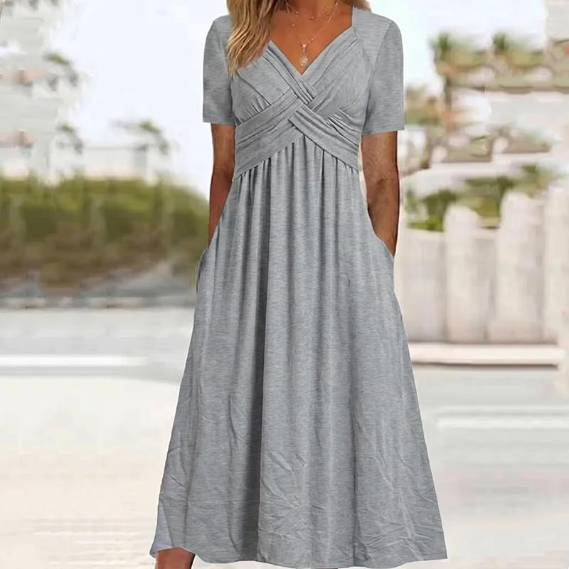 🌷50% de desconto na primavera🌷Vestidos longos de manga curta com decote em V para mulher