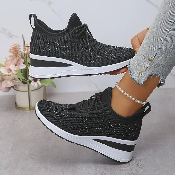 🔥🔥Último dia da promoção, aproveite 49 % de desconto🔥 Sapatilhas ortopédicas respiráveis para mulher, estilo casual e moderno, decoradas com strass incrustados.