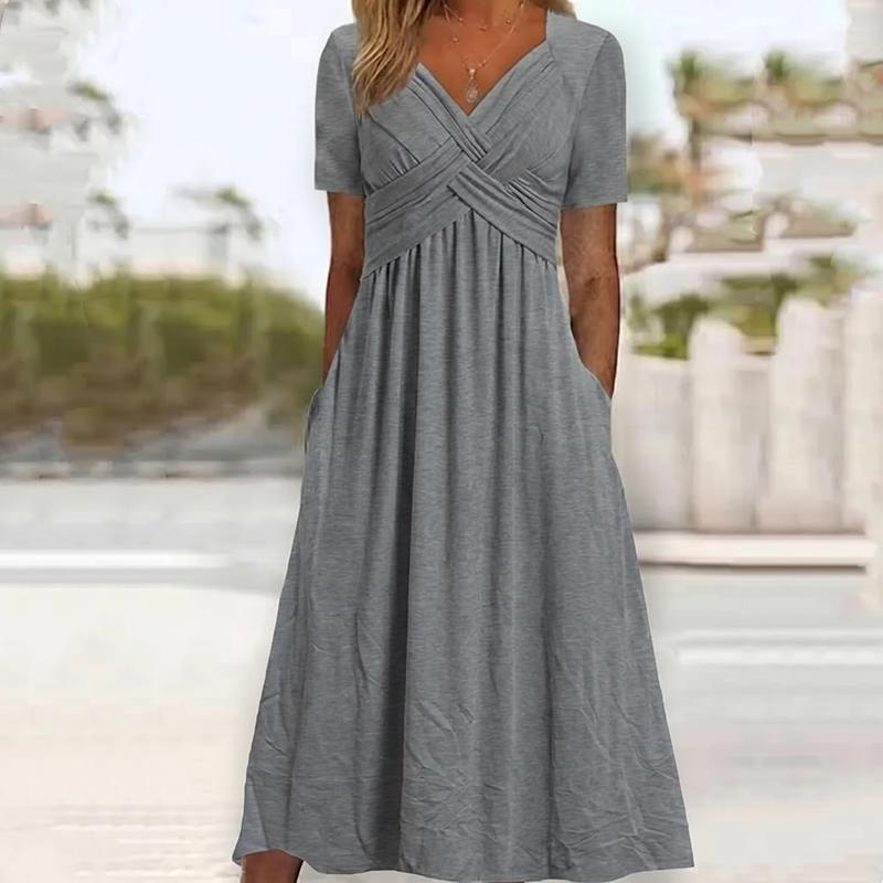 🌷50% de desconto na primavera🌷Vestidos longos de manga curta com decote em V para mulher