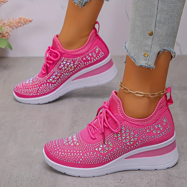 🔥🔥Último dia da promoção, aproveite 49 % de desconto🔥 Sapatilhas ortopédicas respiráveis para mulher, estilo casual e moderno, decoradas com strass incrustados.