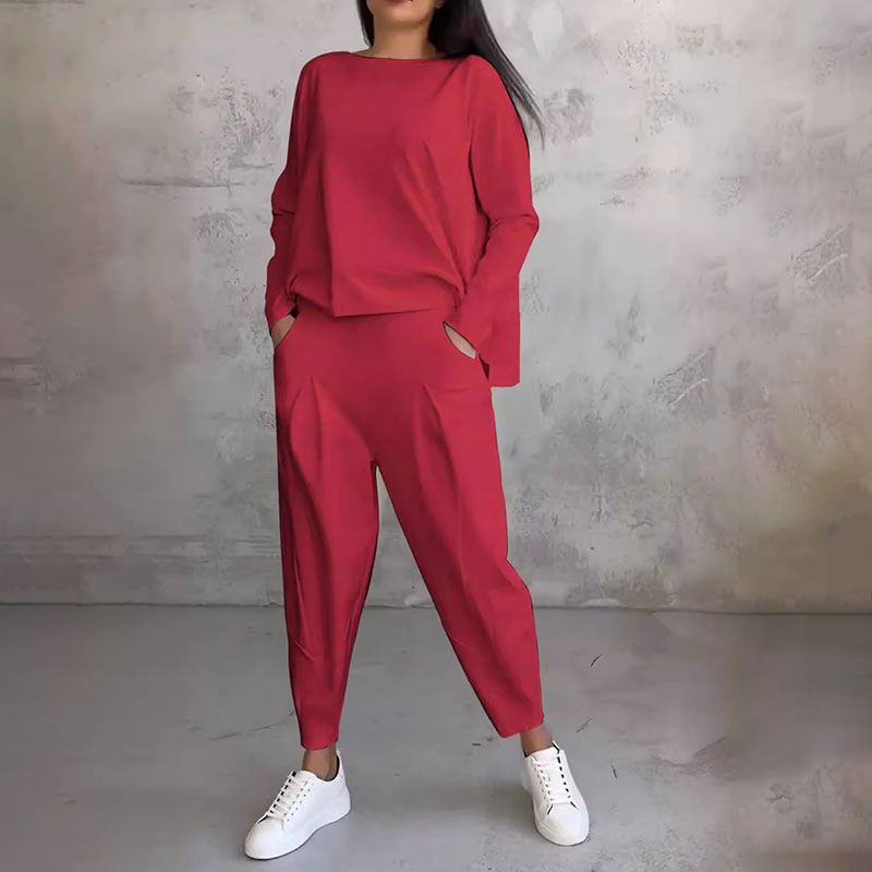 ✨️Conjunto de 2 peças: blusa de manga comprida e calças de gola redonda
