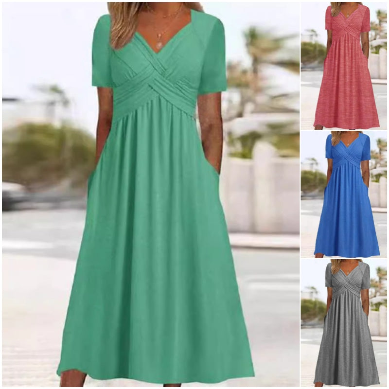 🌷50% de desconto na primavera🌷Vestidos longos de manga curta com decote em V para mulher