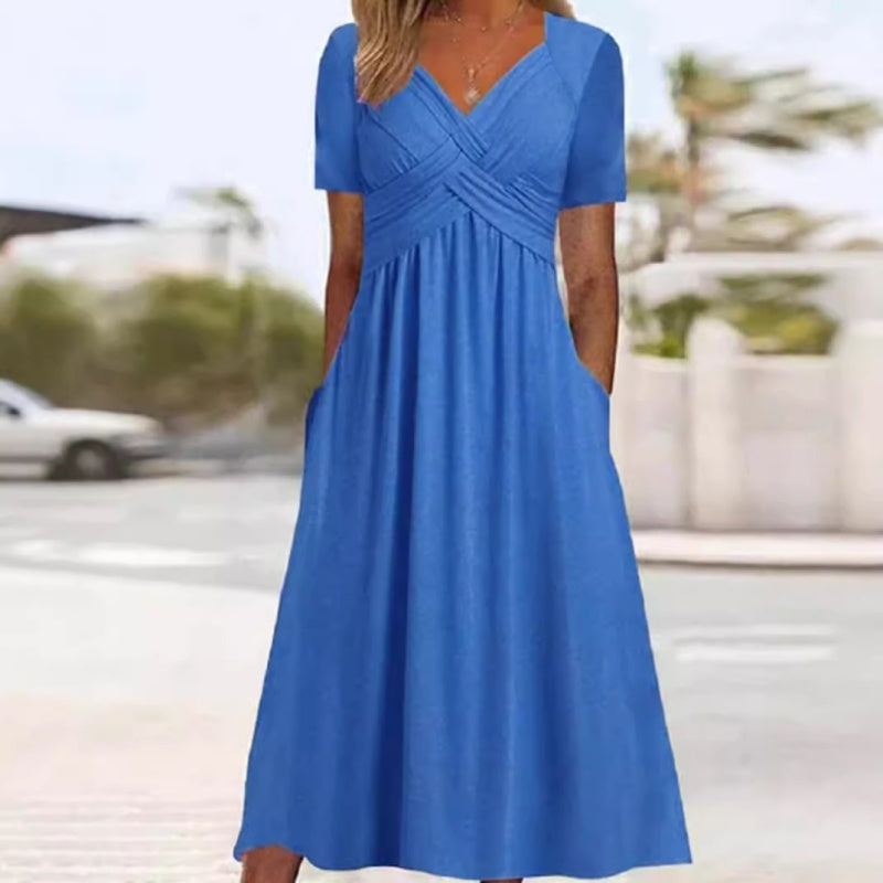 🌷50% de desconto na primavera🌷Vestidos longos de manga curta com decote em V para mulher