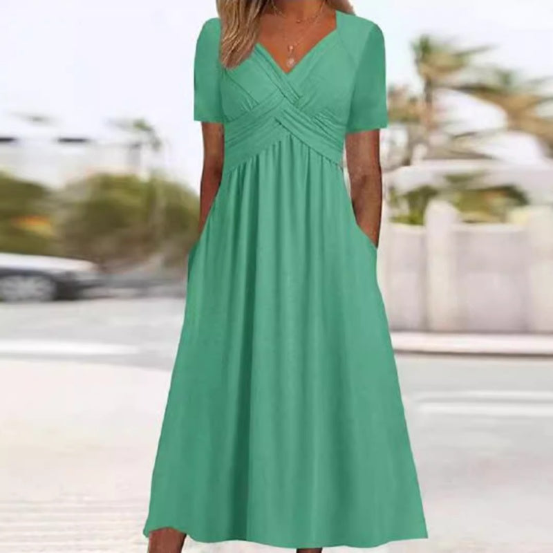 🌷50% de desconto na primavera🌷Vestidos longos de manga curta com decote em V para mulher