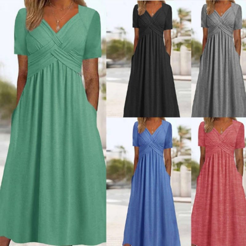 🌷50% de desconto na primavera🌷Vestidos longos de manga curta com decote em V para mulher