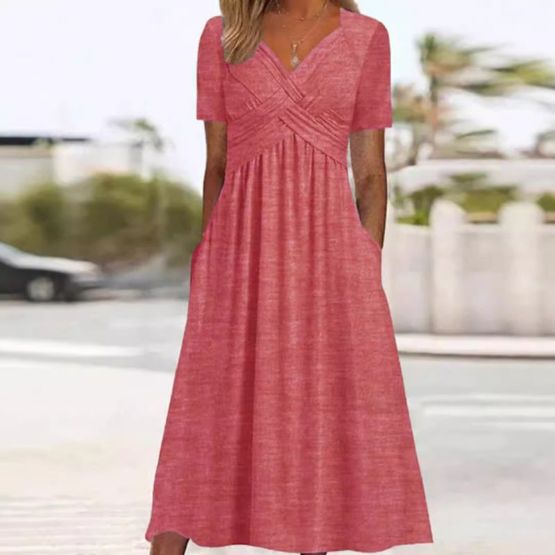 🌷50% de desconto na primavera🌷Vestidos longos de manga curta com decote em V para mulher