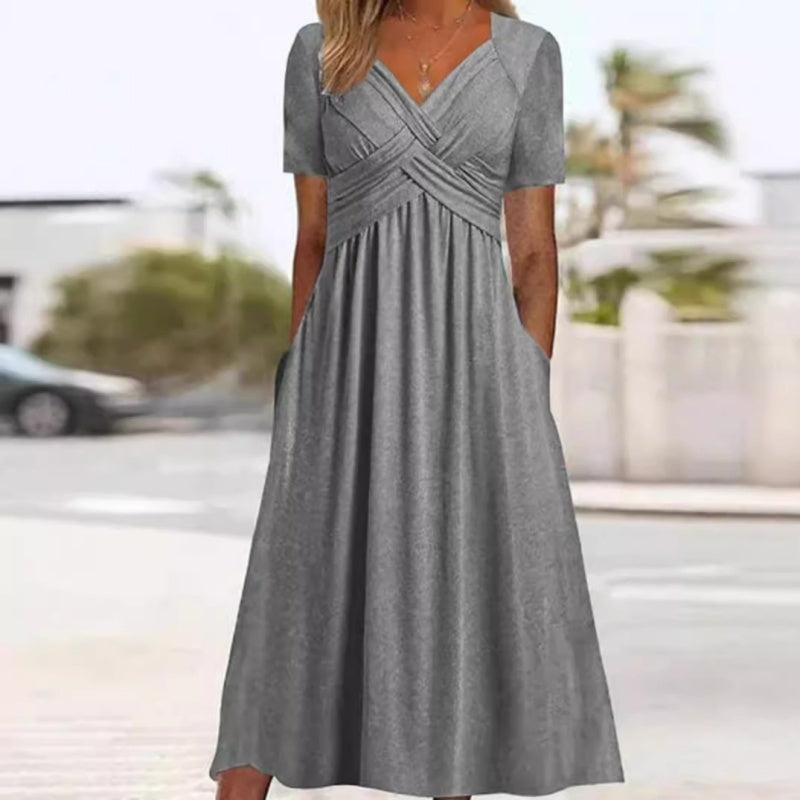🌷50% de desconto na primavera🌷Vestidos longos de manga curta com decote em V para mulher