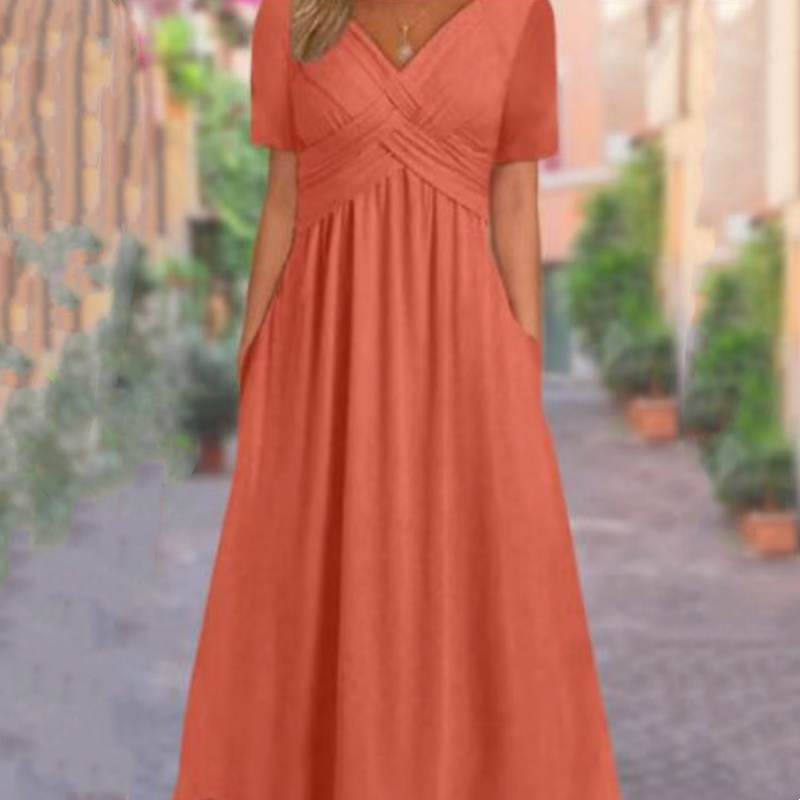🌷50% de desconto na primavera🌷Vestidos longos de manga curta com decote em V para mulher