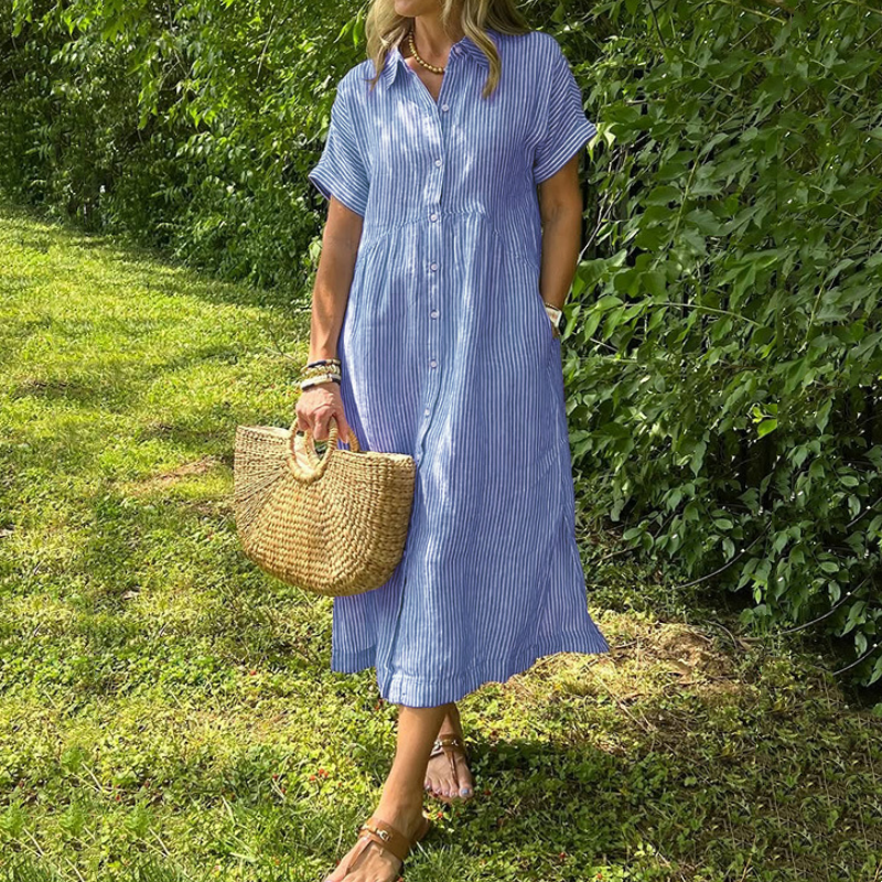 💎💃Vestido camisa às riscas com lapelas e botões – Bolsos funcionais, corte largo e elegância intemporal🌟👗