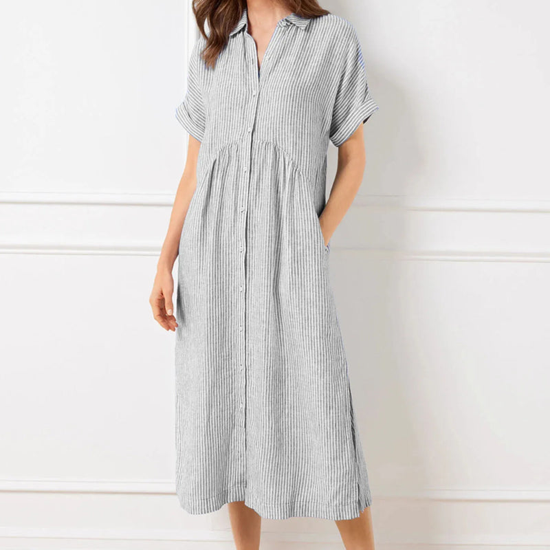 💎💃Vestido camisa às riscas com lapelas e botões – Bolsos funcionais, corte largo e elegância intemporal🌟👗