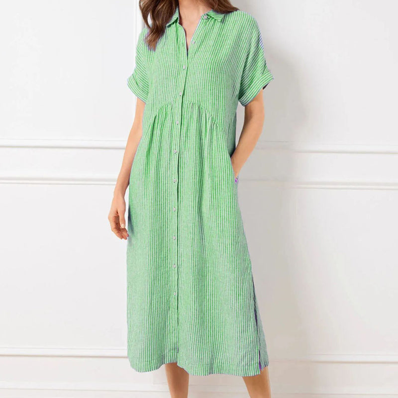 💎💃Vestido camisa às riscas com lapelas e botões – Bolsos funcionais, corte largo e elegância intemporal🌟👗