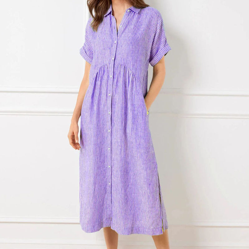 💎💃Vestido camisa às riscas com lapelas e botões – Bolsos funcionais, corte largo e elegância intemporal🌟👗