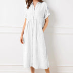 💎💃Vestido camisa às riscas com lapelas e botões – Bolsos funcionais, corte largo e elegância intemporal🌟👗