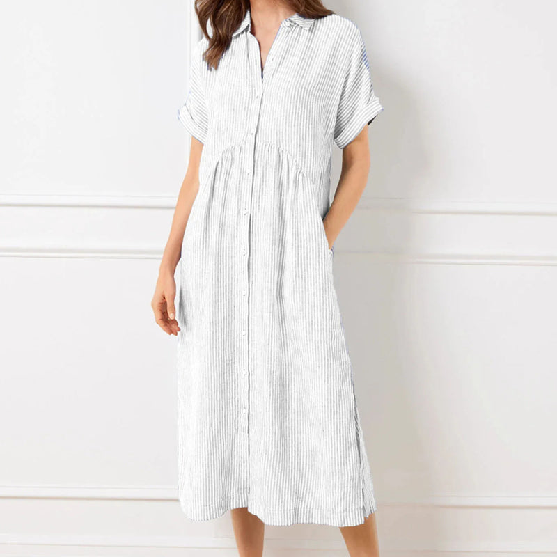 💎💃Vestido camisa às riscas com lapelas e botões – Bolsos funcionais, corte largo e elegância intemporal🌟👗