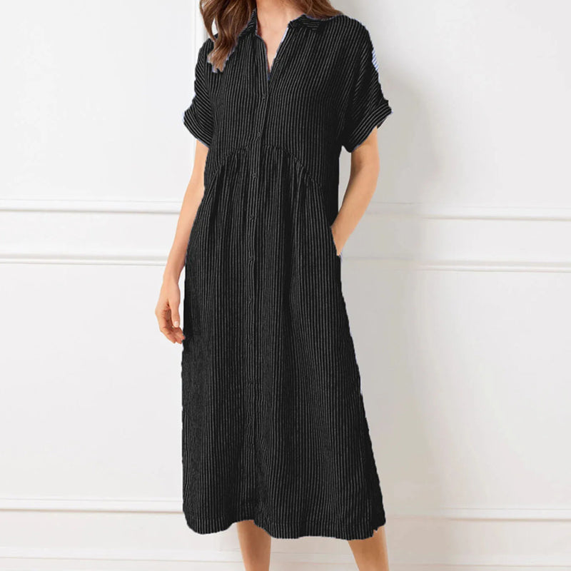 💎💃Vestido camisa às riscas com lapelas e botões – Bolsos funcionais, corte largo e elegância intemporal🌟👗