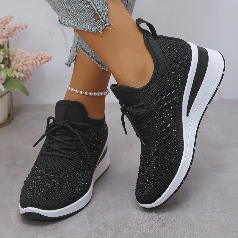 🔥🔥Último dia da promoção, aproveite 49 % de desconto🔥 Sapatilhas ortopédicas respiráveis para mulher, estilo casual e moderno, decoradas com strass incrustados.