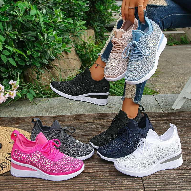 🔥🔥Último dia da promoção, aproveite 49 % de desconto🔥 Sapatilhas ortopédicas respiráveis para mulher, estilo casual e moderno, decoradas com strass incrustados.