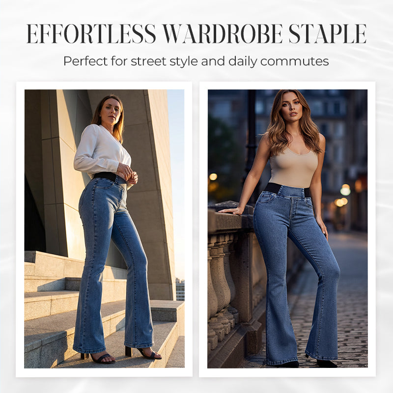👖Calças de ganga largas de cintura alta e elásticas – Ligeiro efeito modelador na zona da barriga, tecido elástico e confortável. Corte largo que favorece a silhueta. Perfeitas para o dia a dia. 🌸✨