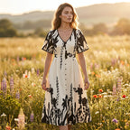 🥳NOVIDADE PARA 2026 – 50% DESCONTO🎉 Vestido midi para mulher com estampado botânico – Decote em V, corte evasé e mangas abalonadas🌿