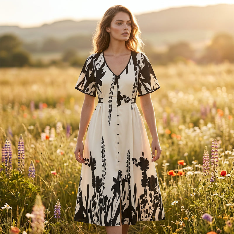 🥳NOVIDADE PARA 2026 – 50% DESCONTO🎉 Vestido midi para mulher com estampado botânico – Decote em V, corte evasé e mangas abalonadas🌿