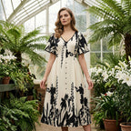 🥳NOVIDADE PARA 2026 – 50% DESCONTO🎉 Vestido midi para mulher com estampado botânico – Decote em V, corte evasé e mangas abalonadas🌿