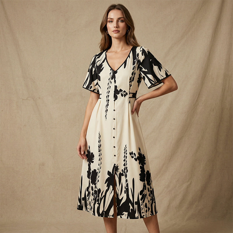 🥳NOVIDADE PARA 2026 – 50% DESCONTO🎉 Vestido midi para mulher com estampado botânico – Decote em V, corte evasé e mangas abalonadas🌿