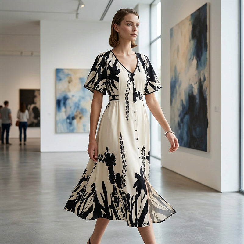 🥳NOVIDADE PARA 2026 – 50% DESCONTO🎉 Vestido midi para mulher com estampado botânico – Decote em V, corte evasé e mangas abalonadas🌿