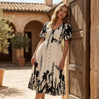 🥳NOVIDADE PARA 2026 – 50% DESCONTO🎉 Vestido midi para mulher com estampado botânico – Decote em V, corte evasé e mangas abalonadas🌿