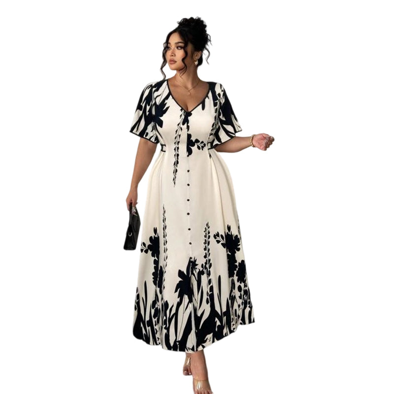 🥳NOVIDADE PARA 2026 – 50% DESCONTO🎉 Vestido midi para mulher com estampado botânico – Decote em V, corte evasé e mangas abalonadas🌿