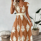 🎑50 % de desconto ✨Vestido longo esvoaçante com decote em V e estampado barroco para mulher