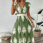 🎑50 % de desconto ✨Vestido longo esvoaçante com decote em V e estampado barroco para mulher