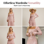 👗 50% DE DESCONTO! Vestido longo feminino com gola quadrada – Tecido texturado, corpete elástico e silhueta lisonjeadora 🌸