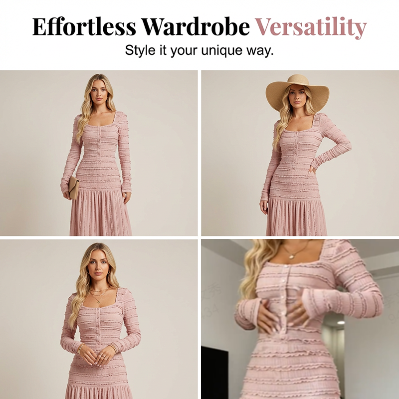 👗 50% DE DESCONTO! Vestido longo feminino com gola quadrada – Tecido texturado, corpete elástico e silhueta lisonjeadora 🌸