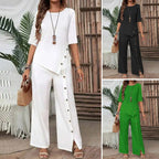Conjunto de duas peças para mulher: top com bainha assimétrica e calças de perna larga