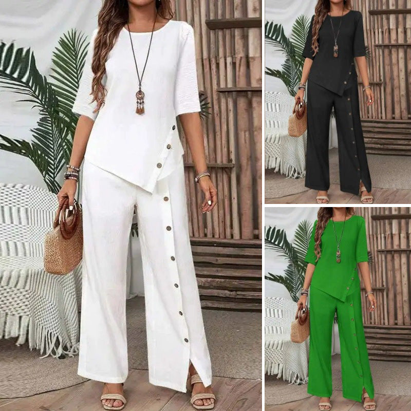Conjunto de duas peças para mulher: top com bainha assimétrica e calças de perna larga