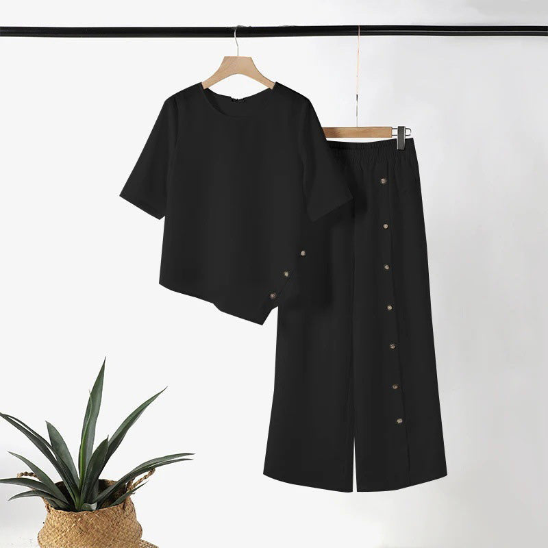 Conjunto de duas peças para mulher: top com bainha assimétrica e calças de perna larga