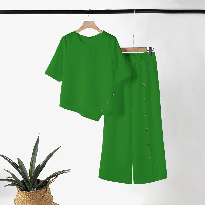 Conjunto de duas peças para mulher: top com bainha assimétrica e calças de perna larga