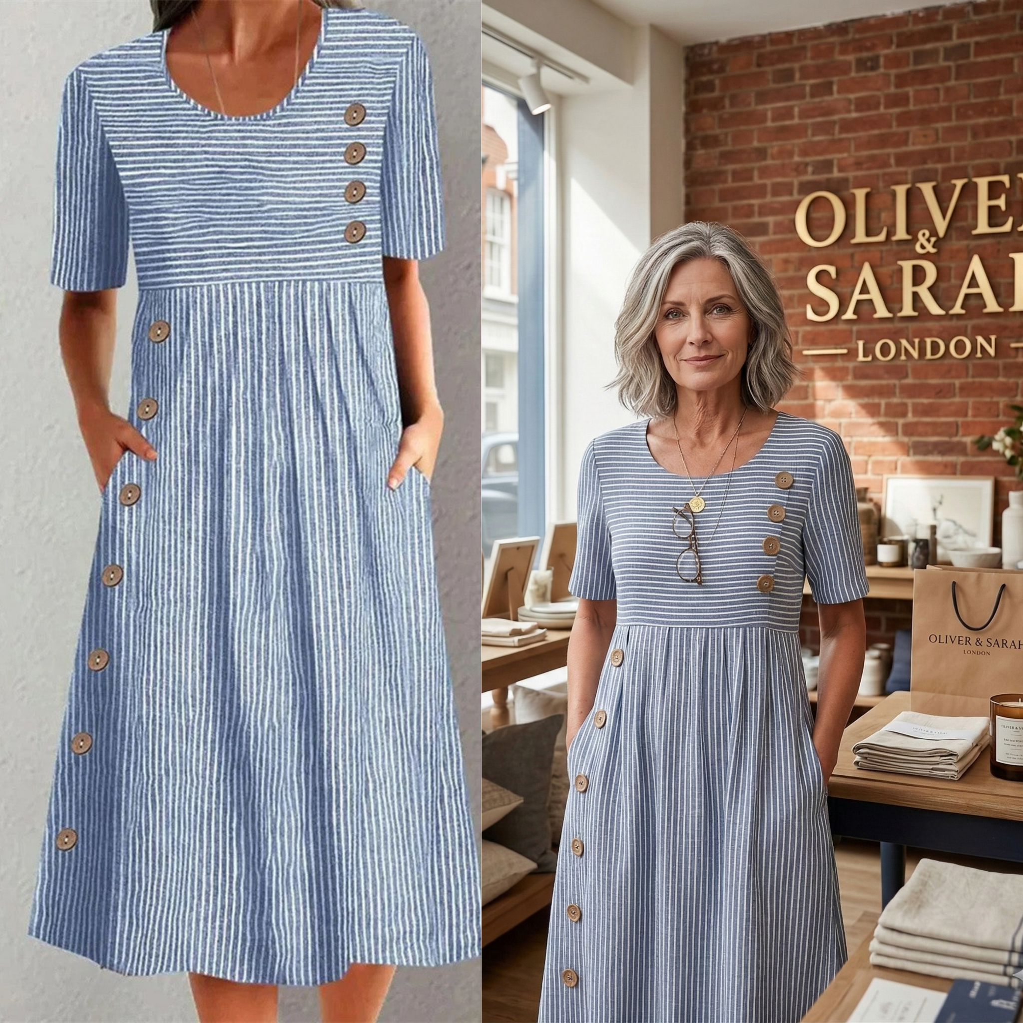 【S-2XL】🎉💃Vestido midi às riscas intemporal
