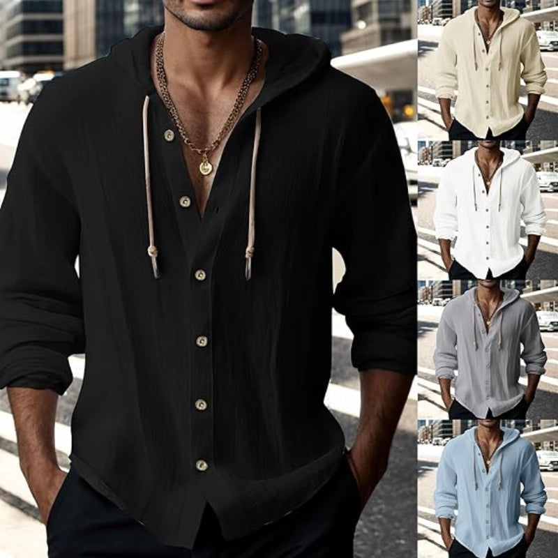 💎 50% DESCONTO EM SWEAT MASCULINO! 💎 Blusa casual de manga comprida em cor sólida – Fecho frontal com botões, capuz com cordão e tecido respirável.