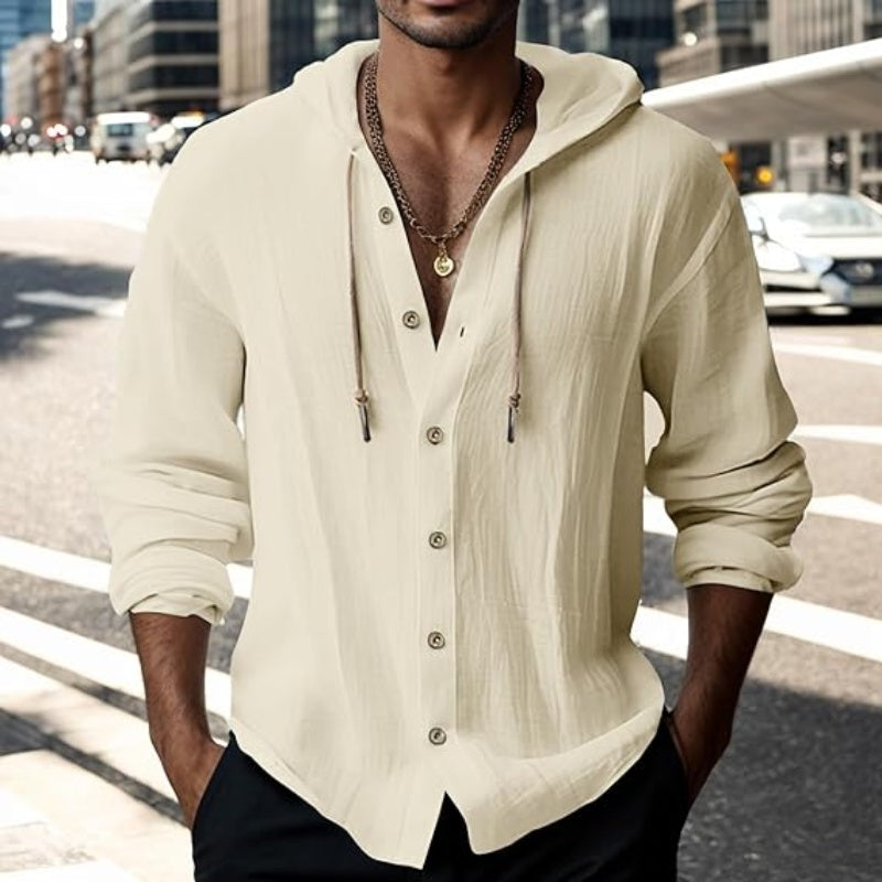 💎 50% DESCONTO EM SWEAT MASCULINO! 💎 Blusa casual de manga comprida em cor sólida – Fecho frontal com botões, capuz com cordão e tecido respirável.