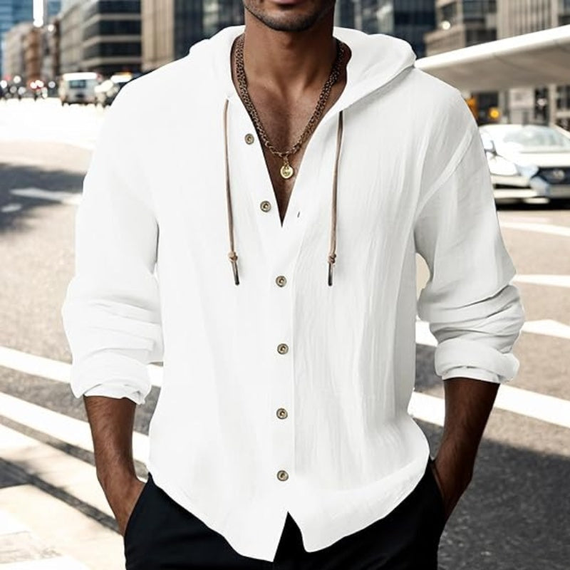 💎 50% DESCONTO EM SWEAT MASCULINO! 💎 Blusa casual de manga comprida em cor sólida – Fecho frontal com botões, capuz com cordão e tecido respirável.