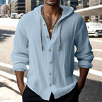 💎 50% DESCONTO EM SWEAT MASCULINO! 💎 Blusa casual de manga comprida em cor sólida – Fecho frontal com botões, capuz com cordão e tecido respirável.
