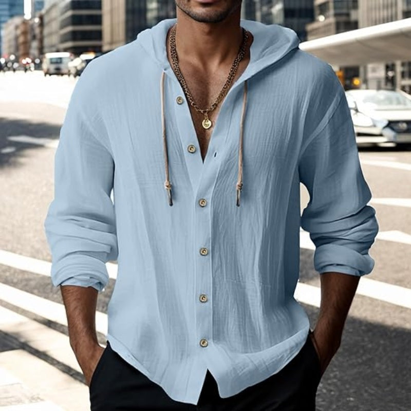 💎 50% DESCONTO EM SWEAT MASCULINO! 💎 Blusa casual de manga comprida em cor sólida – Fecho frontal com botões, capuz com cordão e tecido respirável.