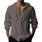 💎 50% DESCONTO EM SWEAT MASCULINO! 💎 Blusa casual de manga comprida em cor sólida – Fecho frontal com botões, capuz com cordão e tecido respirável.