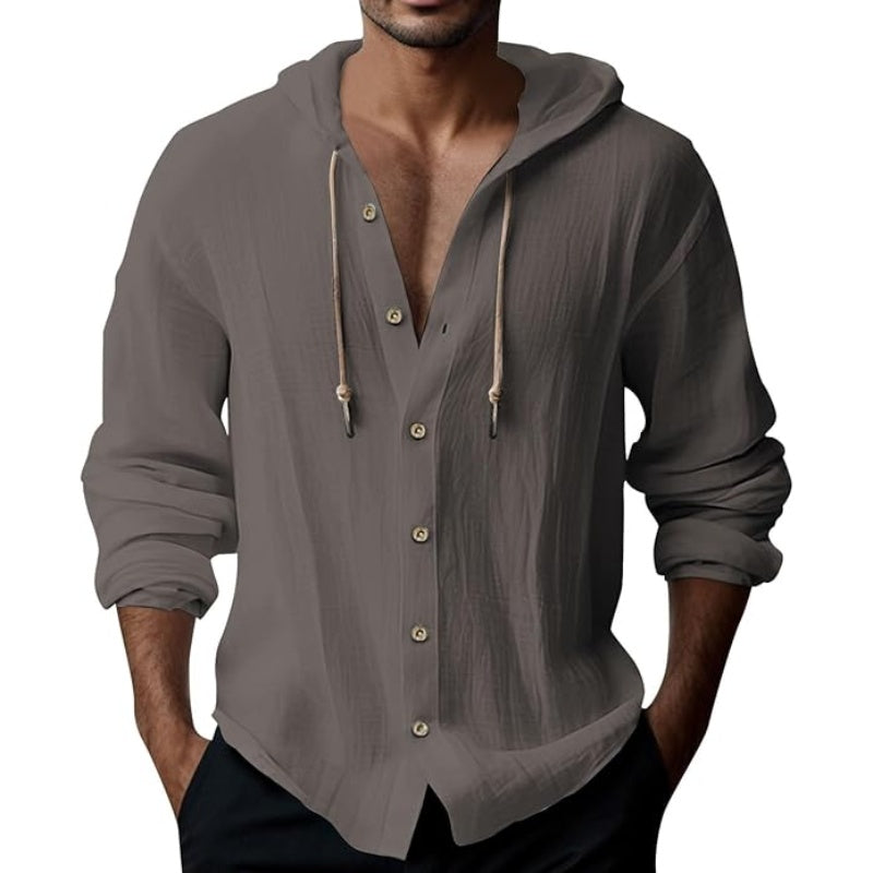 💎 50% DESCONTO EM SWEAT MASCULINO! 💎 Blusa casual de manga comprida em cor sólida – Fecho frontal com botões, capuz com cordão e tecido respirável.