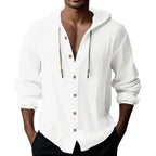 💎 50% DESCONTO EM SWEAT MASCULINO! 💎 Blusa casual de manga comprida em cor sólida – Fecho frontal com botões, capuz com cordão e tecido respirável.