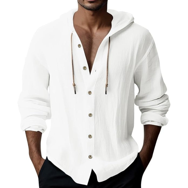 💎 50% DESCONTO EM SWEAT MASCULINO! 💎 Blusa casual de manga comprida em cor sólida – Fecho frontal com botões, capuz com cordão e tecido respirável.