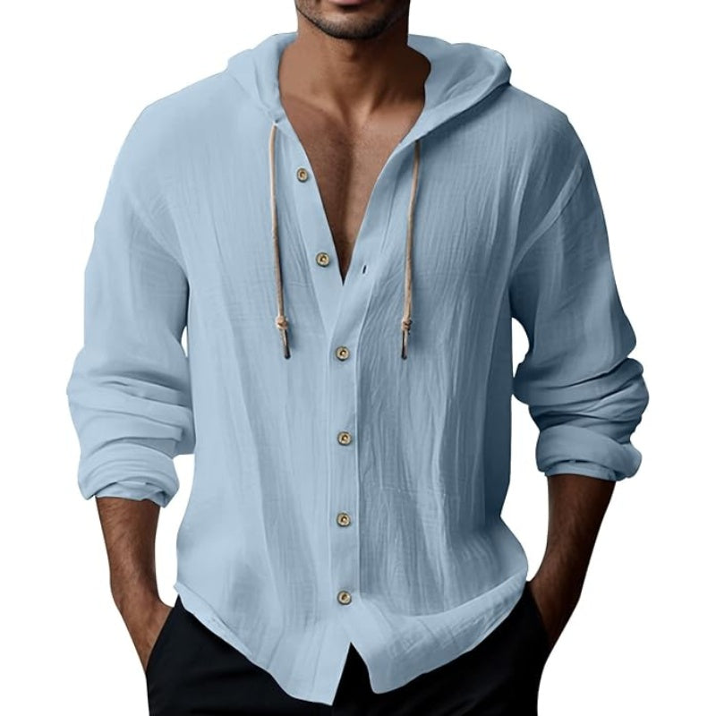 💎 50% DESCONTO EM SWEAT MASCULINO! 💎 Blusa casual de manga comprida em cor sólida – Fecho frontal com botões, capuz com cordão e tecido respirável.